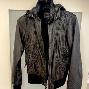 Vintage black leather zip-up jacket with hood
